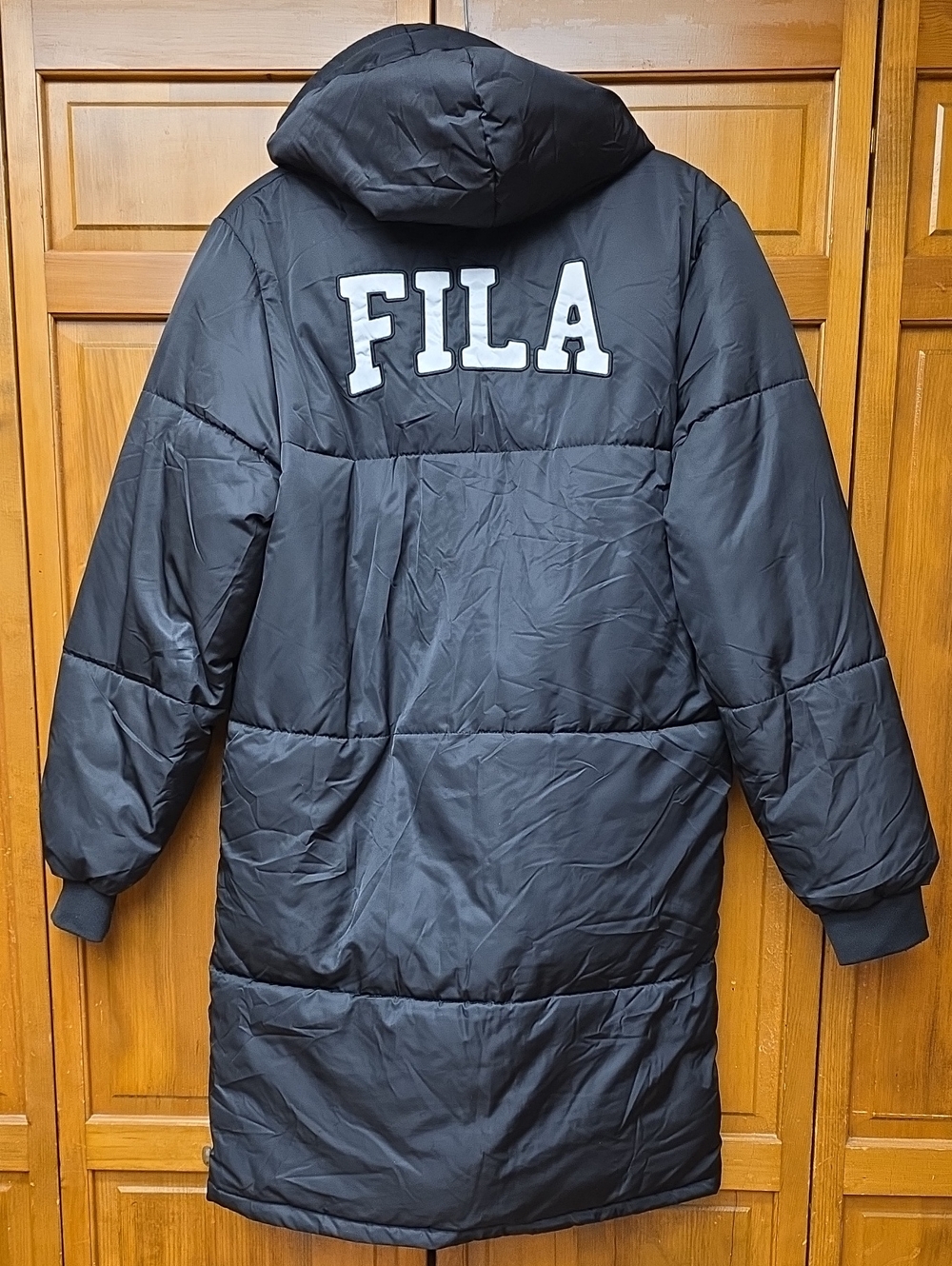 FILA Big Logo Long Hooded Puffer Coat Jacket Black Women's Size Small